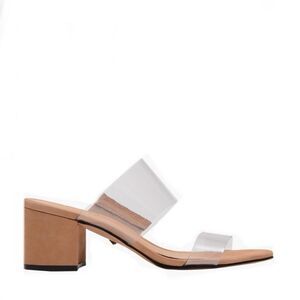 SCHUTZ Clear and Tan Block Heel Sandals